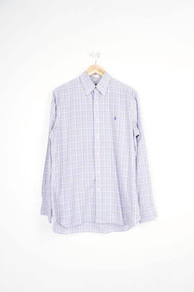 Ralph Lauren lilac plaid, button up cotton with signature embroidered logo on the chest