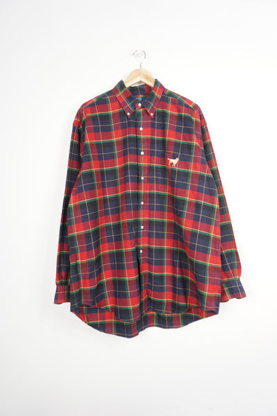 Ralph Lauren red plaid button up cotton shirt with signature embroidered logo on the chest