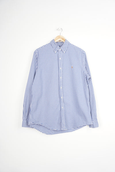 Ralph Lauren blue and white gingham, button up cotton shirt with signature embroidered logo on the chest