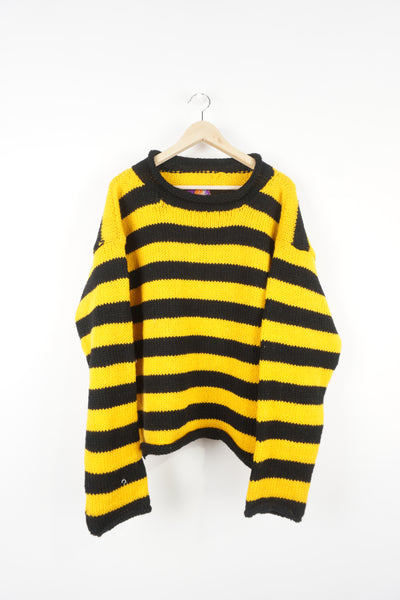 Tiger Mountain, black and yellow striped 100% wool, hand knitted jumper 