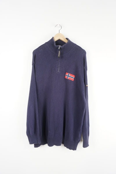 Napapijri navy blue high neck 1/4 zip knitted jumper, features embroidered logo on the chest and sleeve