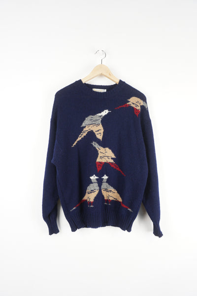 Vintage Aquascutum navy blue wool jumper with flying birds motif on the front