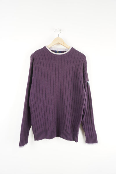 Vintage Fred Perry purple knitted crew neck jumper features embroidered logo on the sleeve