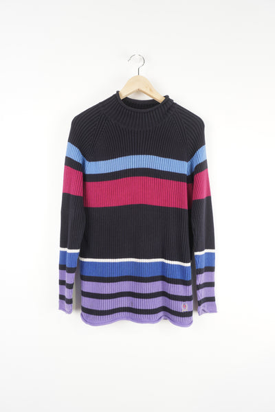 Tommy Hilfiger navy blue high neck, striped jumper features embroidered logo on the hem