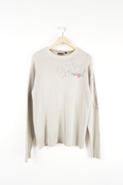Quiksilver grey/khaki knitted jumper features embroidered spell-out detail across the  chest and shoulder