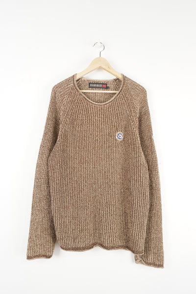 Napapijri brown crew-neck knitted jumper, features an embroidered logo on the chest