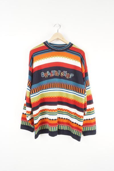 Vintage The Sweater Shop multicoloured, patterned crew neck knit jumper features embroidered logo across the chest