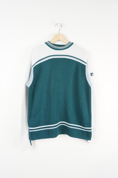 Vintage Ellesse teal blue and white knitted jumper, features  embroidered spell-out logo on the sleeve