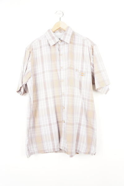 Vintage Dickies light tan and grey checked button up shirt with short sleeves