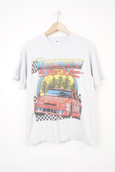 Vintage light grey Darlington 1996 Nascar t-shirt with graphic on the front and back