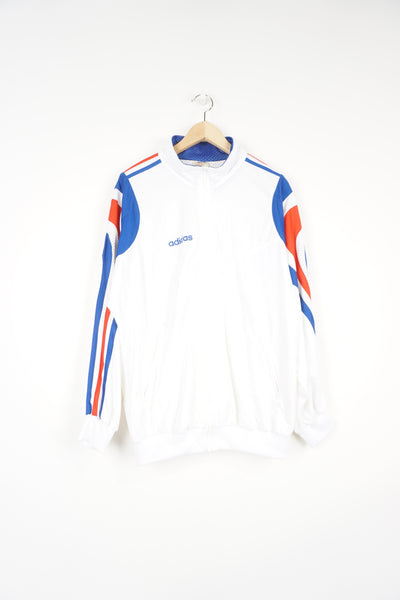 Vintage late 80's French colour way, white, blue and red Adidas track top with embroidered three stripes on the shoulders and arms