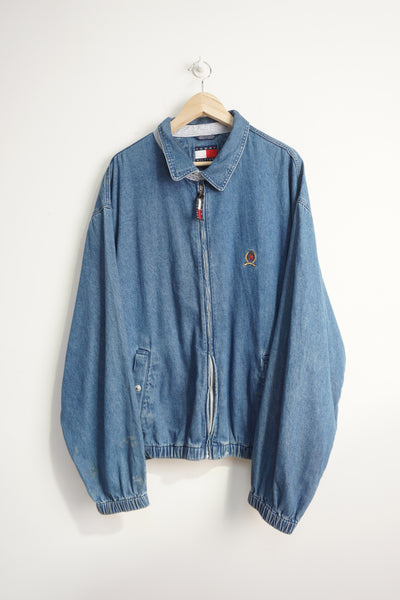 Vintage Tommy Hilfiger zip through denim bomber jacket with embroidered logo on pocket