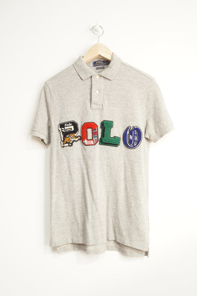 Vintage Ralph Lauren grey polo shirt with embroidered logo 3D spell out logo across the chest 