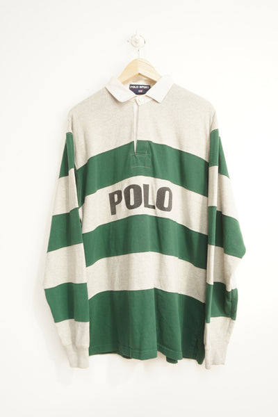 Ralph Lauren green and grey rugby style polo shirt with spell-out detail across the chest
