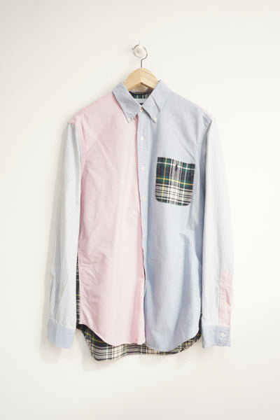 Ralph Lauren pastel pink, blue and plaid panelled button up shirt with embroidered logo on the chest