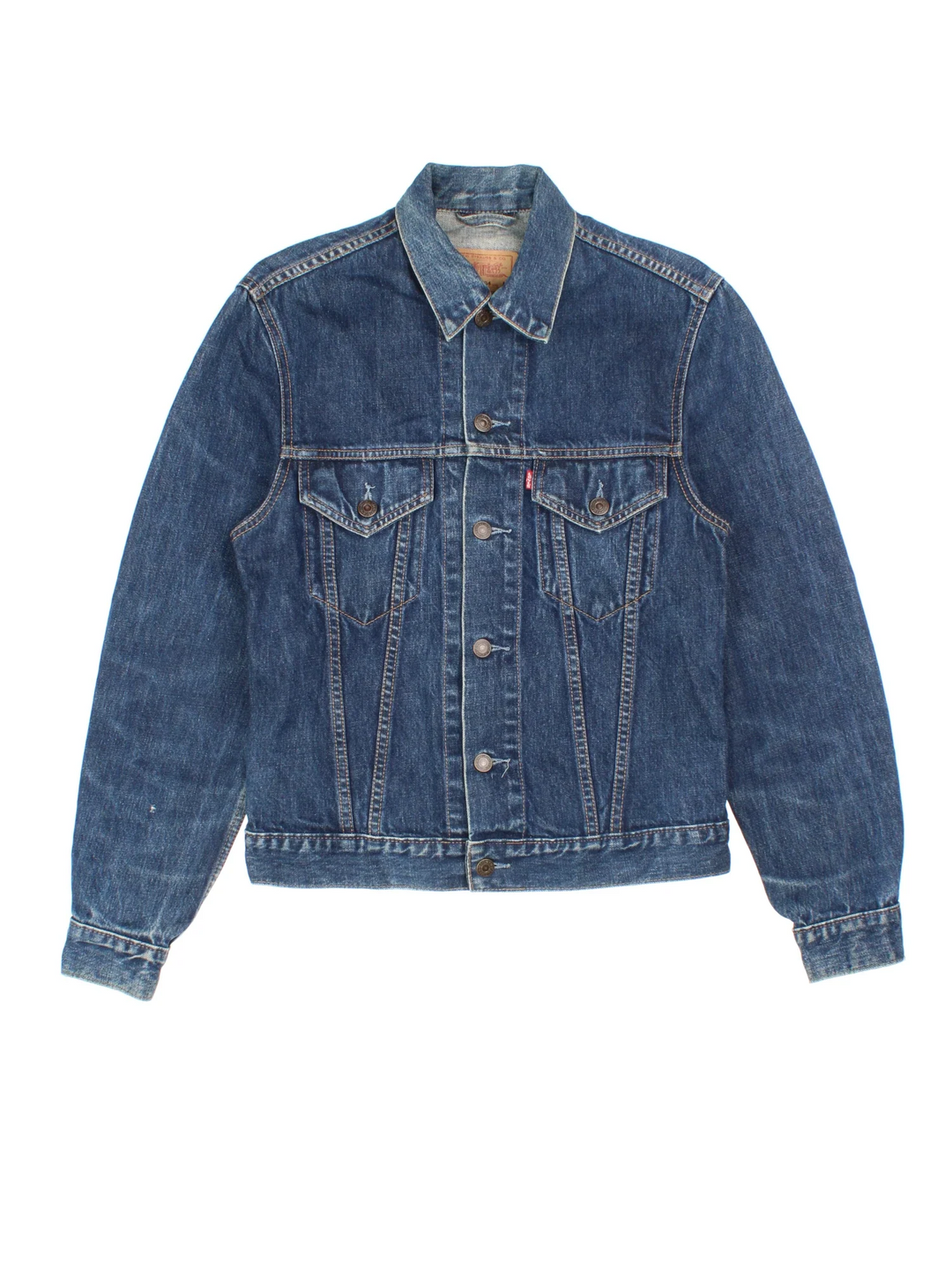 Vintage Levi Strauss Denim Jacket in a blue colourway. Buttons up and has double chest pockets, and the logo tab embroidered on the front.