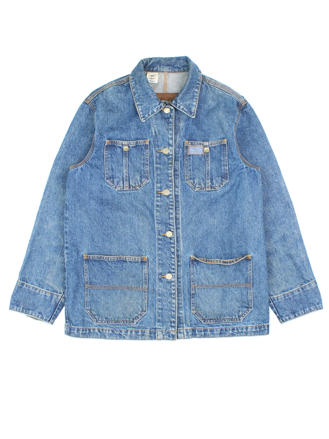 Vintage Lauren By Ralph Lauren Denim Chore Jacket in a blue colourway. Buttons up and has multiple pockets, and the logo embroidered on the front.