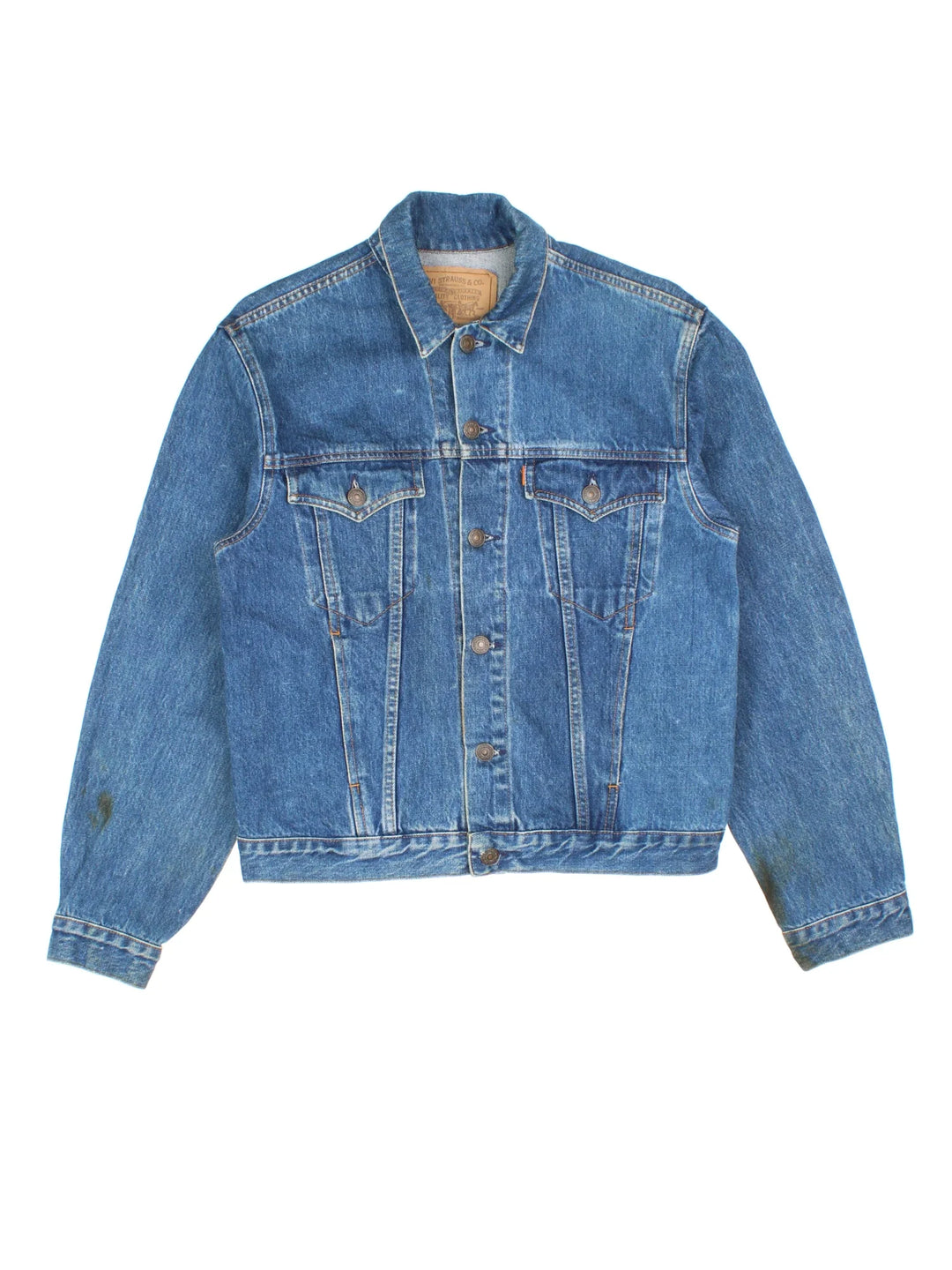 Vintage Levi Strauss Orange Tab Denim Jacket in a blue colourway. Buttons up and has multiple pockets, and the logo embroidered on the front.