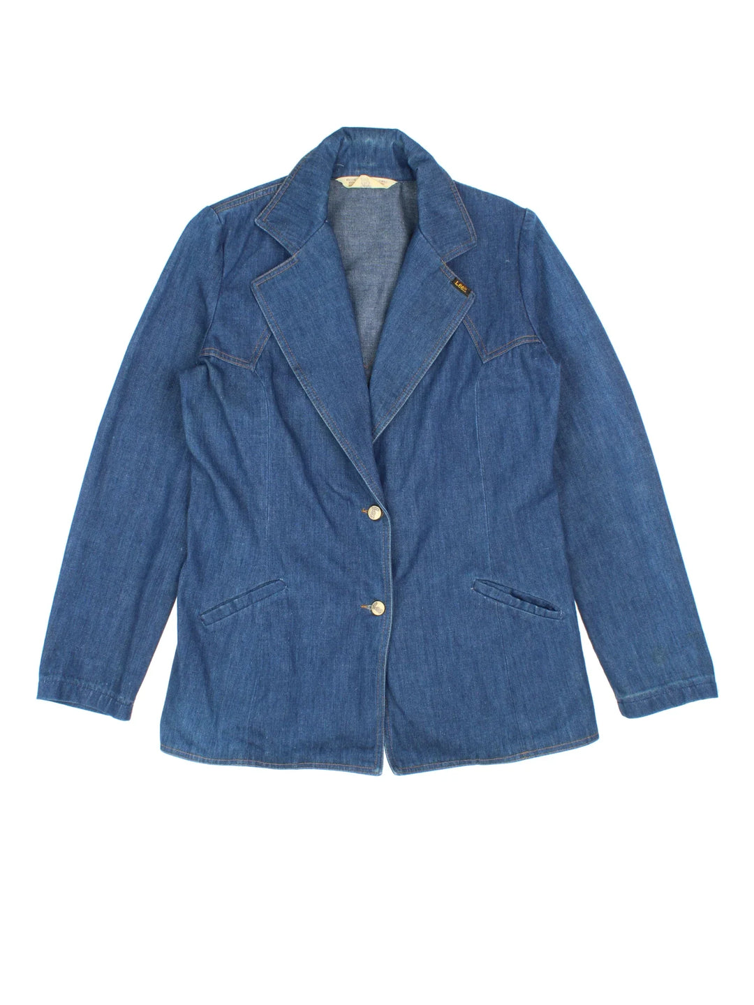 Vintage Lady Lee Denim Blazer Jacket in a blue colourway. Buttons up and has side pockets, big collar, and the logo embroidered on the front.