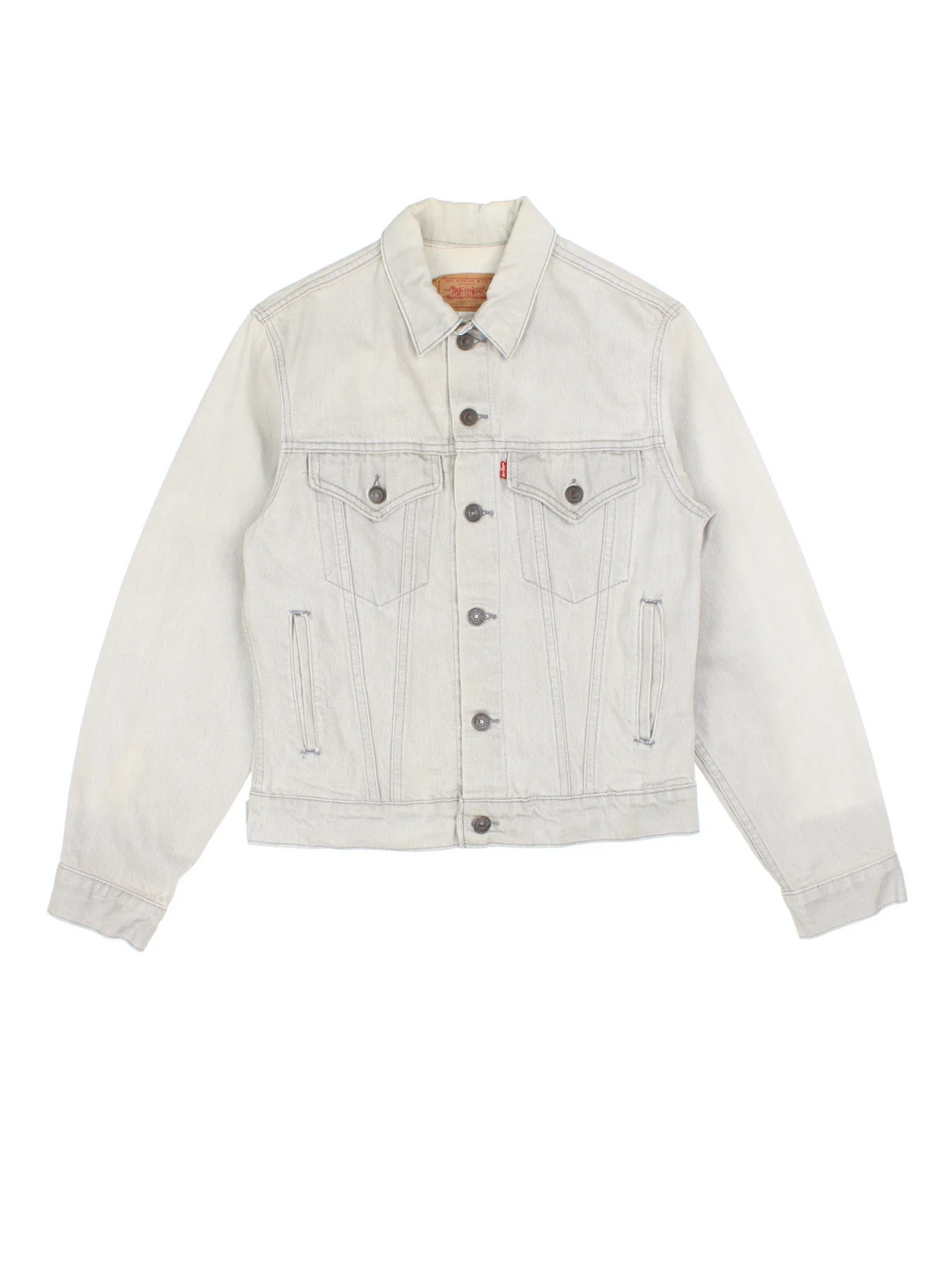 Vintage Levi Strauss Denim Jacket in a grey colourway. Buttons up and has multiple pockets, and the logo embroidered on the front.