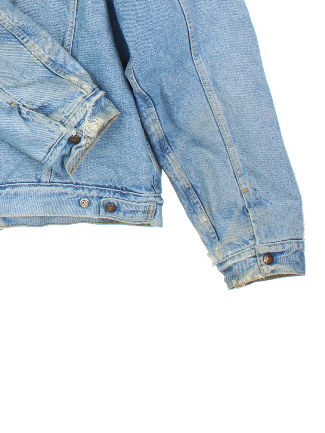 Vintage Levi Strauss Denim Sherpa Jacket in a blue colourway. Buttons up and has multiple pockets, insulated with a sherpa lining, and the logo embroidered on the front.
