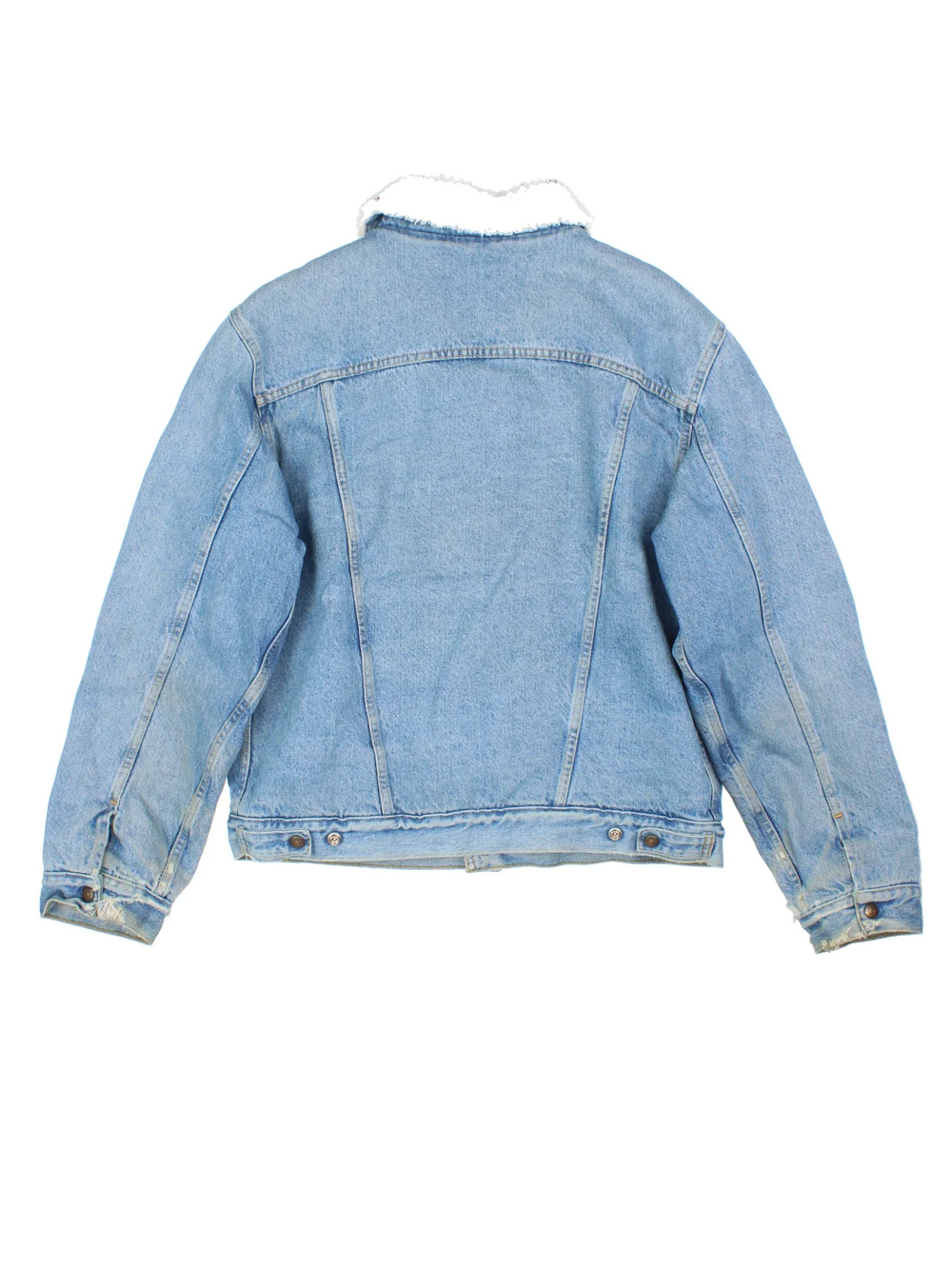 Vintage Levi Strauss Denim Sherpa Jacket in a blue colourway. Buttons up and has multiple pockets, insulated with a sherpa lining, and the logo embroidered on the front.