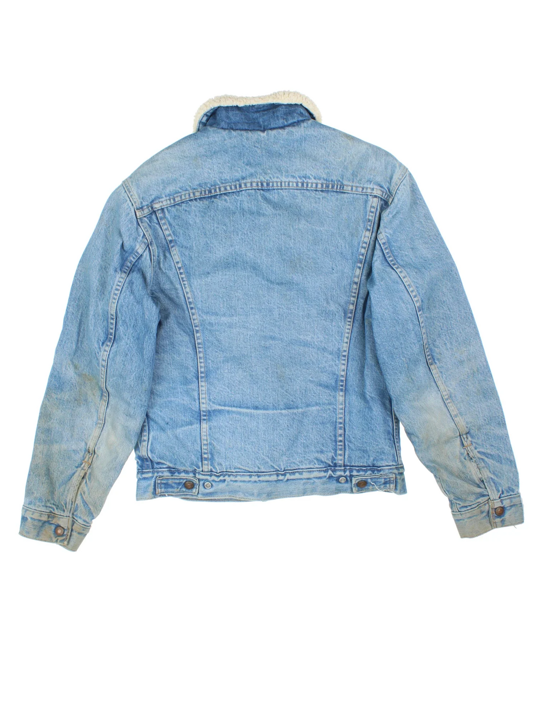 Vintage Levi Strauss Denim Sherpa Jacket in a blue colourway. Buttons up and has multiple pockets, insulated with a sherpa lining, and the logo embroidered on the front.