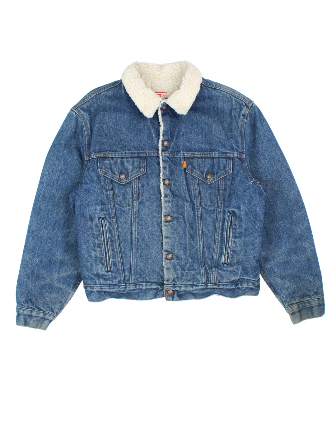 Vintage Levi Strauss Orange Tab Denim Sherpa Jacket in a blue colourway. Buttons up and has multiple pockets, insulated with a sherpa lining, and the logo embroidered on the front.