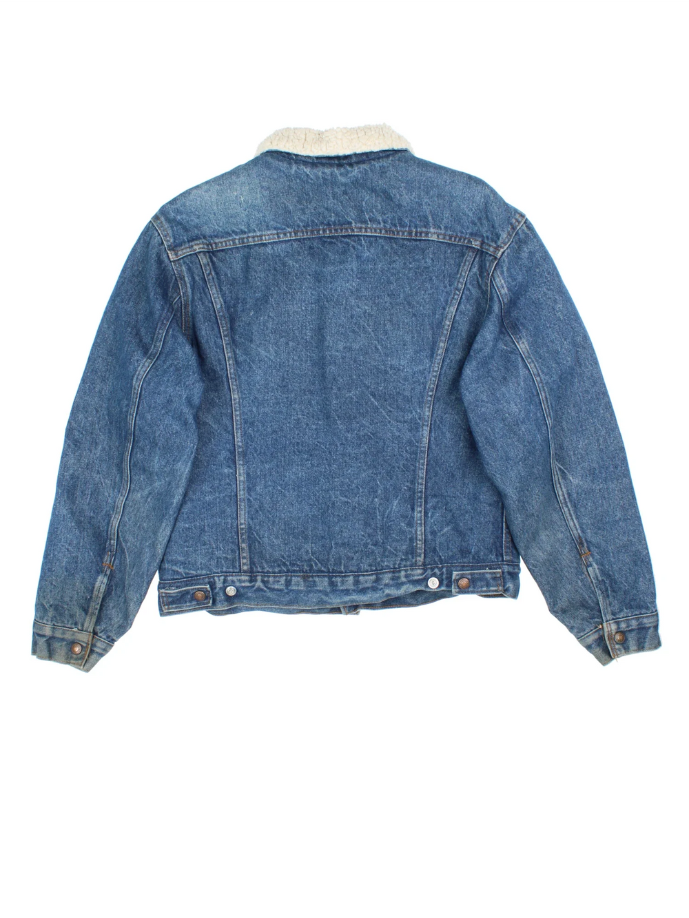 Vintage Levi Strauss Orange Tab Denim Sherpa Jacket in a blue colourway. Buttons up and has multiple pockets, insulated with a sherpa lining, and the logo embroidered on the front.