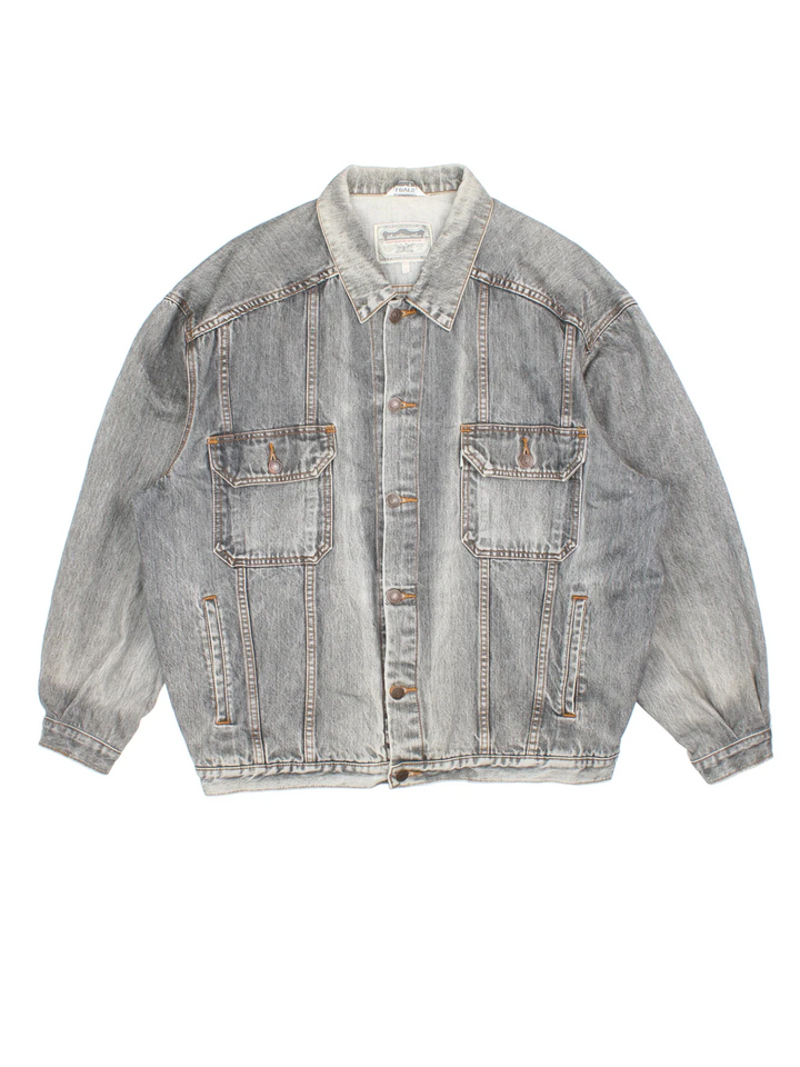 Vintage Levi Strauss Silver Tab Denim Jacket in a grey colourway. Buttons up and has multiple pockets, and the logo tab embroidered on the chest.