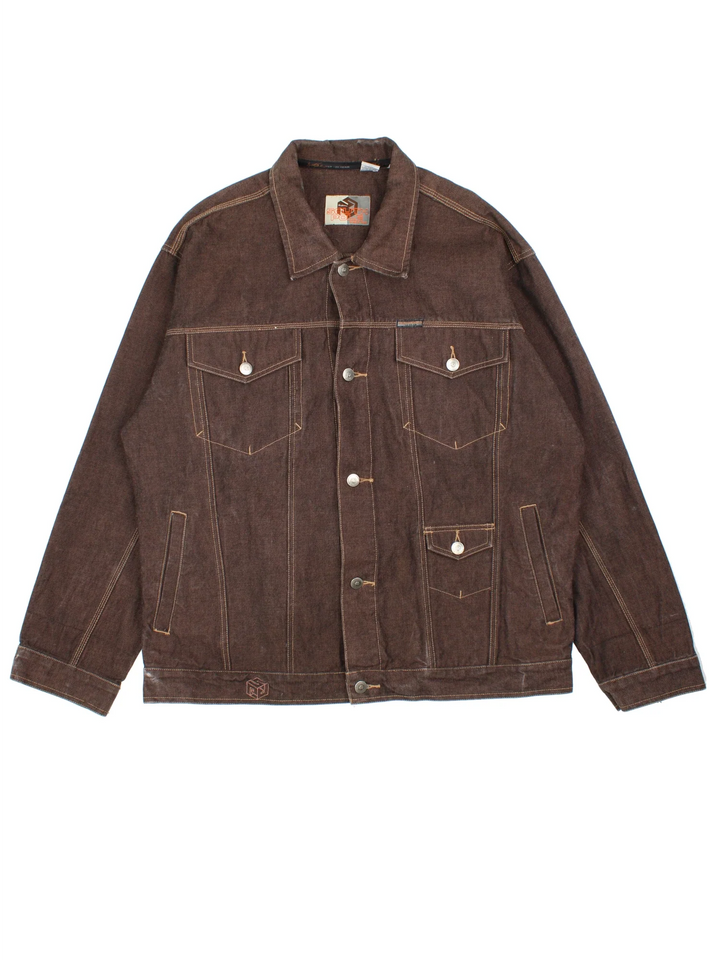 Y2K South Pole Denim Jacket in a brown colourway. Buttons up and has multiple pockets, and the logo tab embroidered on the front and back.