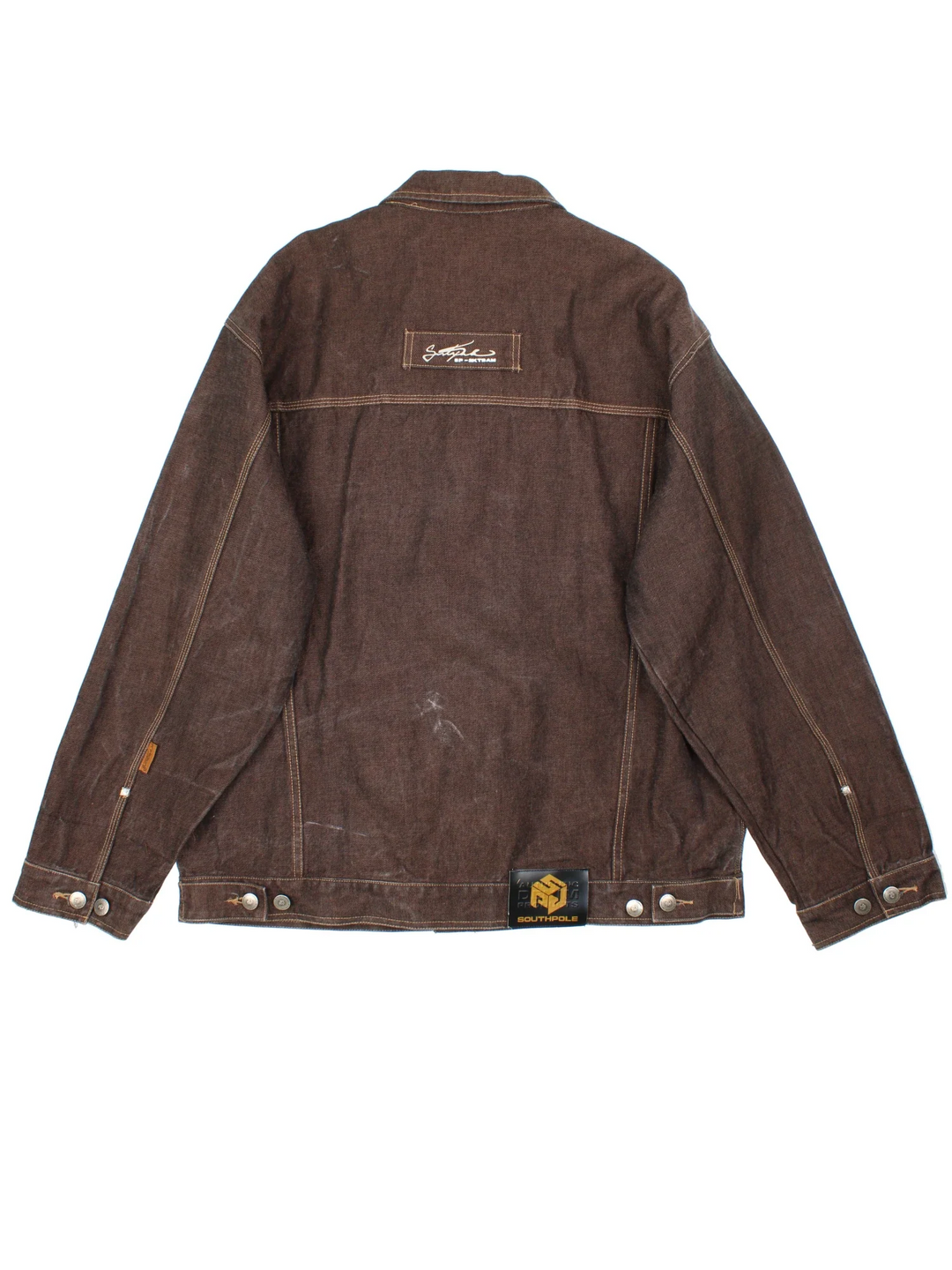 Y2K South Pole Denim Jacket in a brown colourway. Buttons up and has multiple pockets, and the logo tab embroidered on the front and back.