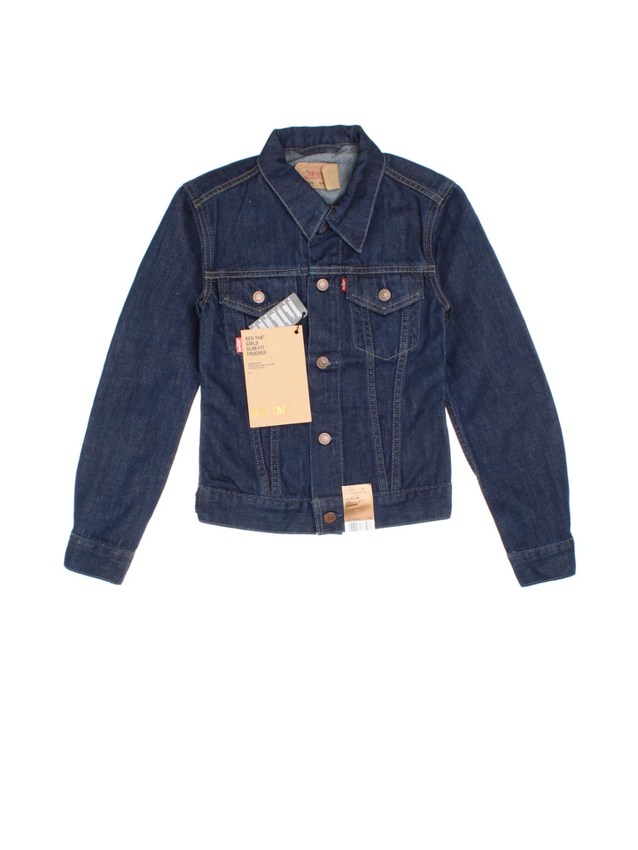Levi Strauss Denim Trucker Jacket in a blue colourway. Buttons up and has double chest pockets, and has the logo tab embroidered on the front, new still with tags.