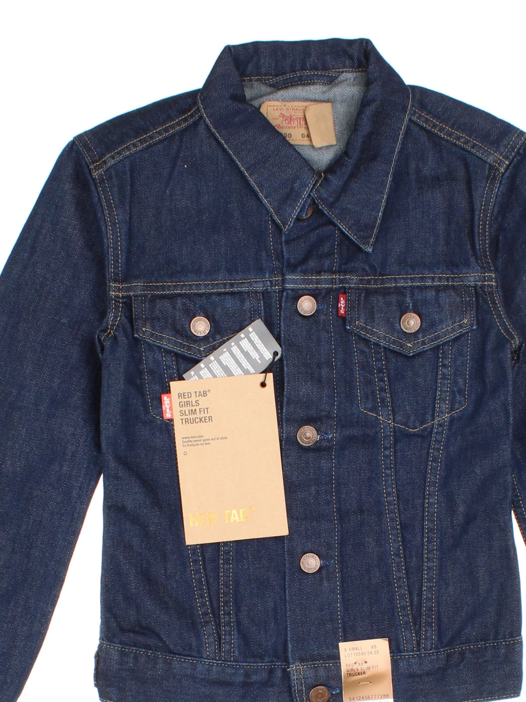 Levi Strauss Denim Trucker Jacket in a blue colourway. Buttons up and has double chest pockets, and has the logo tab embroidered on the front, new still with tags.
