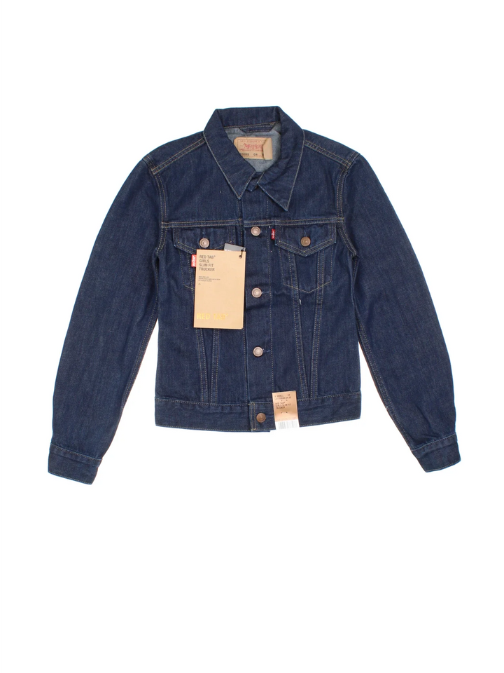 Levi Strauss Denim Trucker Jacket in a blue colourway. Buttons up and has double chest pockets, and has the logo tab embroidered on the front, new still with tags.