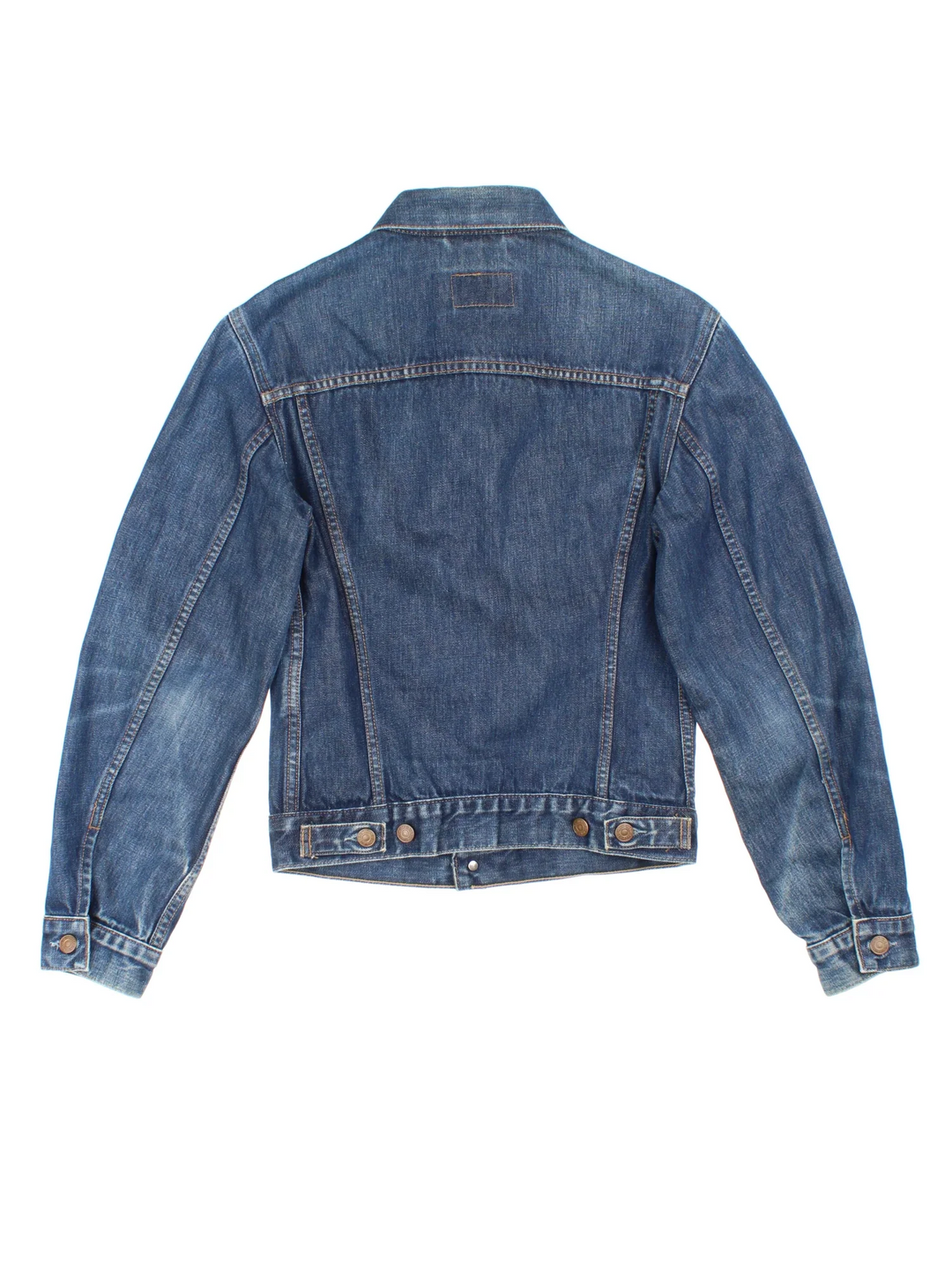 Levi Strauss Denim Trucker Jacket in a blue colourway. Buttons up and has double chest pockets, and has the logo embroidered on the front.