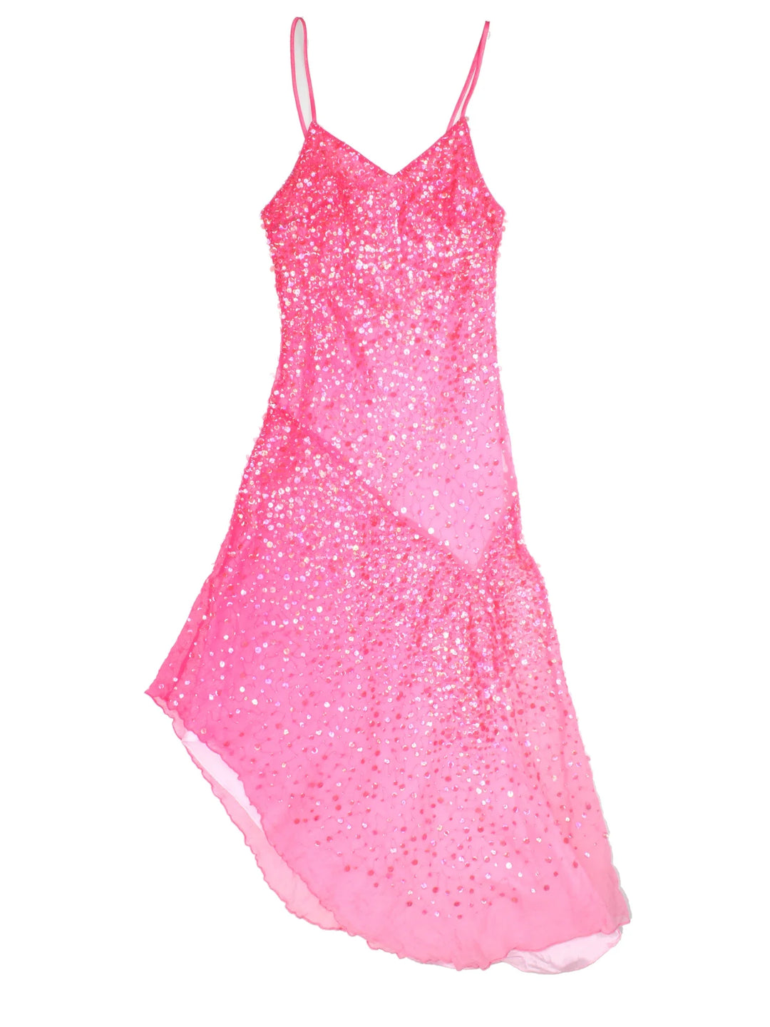 Vintage Y2K Sequin Dress in pink colourway with asymmetrical hemline and all over sequin sheer layer.