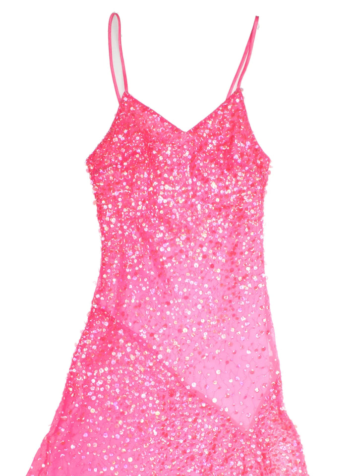 Vintage Y2K Sequin Dress in pink colourway with asymmetrical hemline and all over sequin sheer layer.