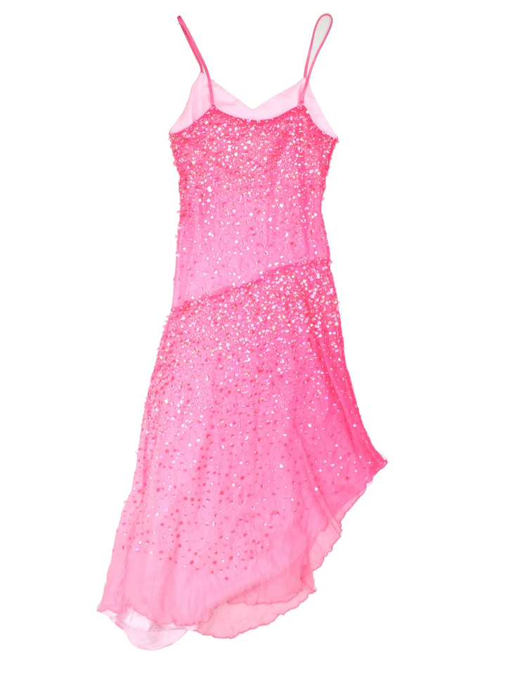 Vintage Y2K Sequin Dress in pink colourway with asymmetrical hemline and all over sequin sheer layer.