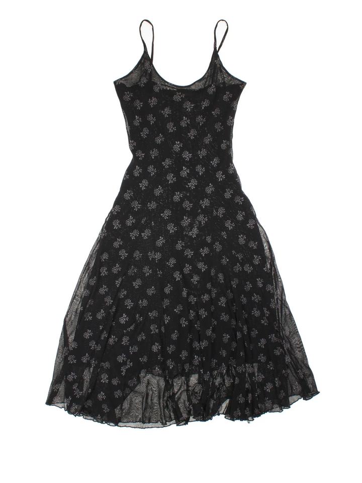 Vintage Y2K Floral Midi Dress in black colourway, with frill hemline and sheer glitter detail overlay.