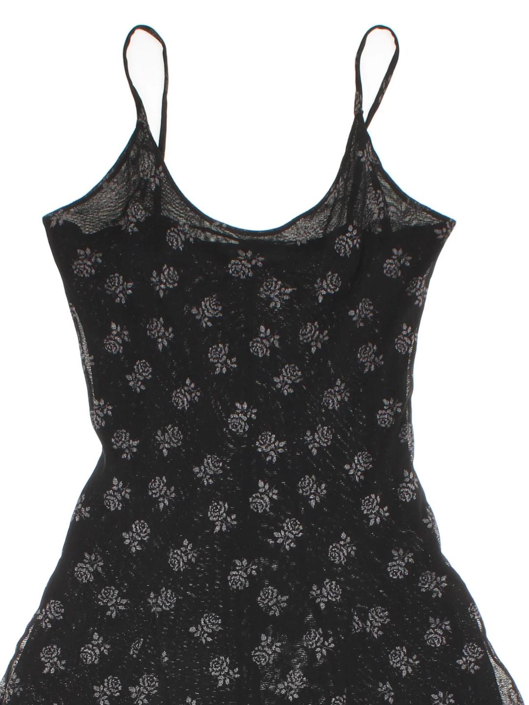 Vintage Y2K Floral Midi Dress in black colourway, with frill hemline and sheer glitter detail overlay.