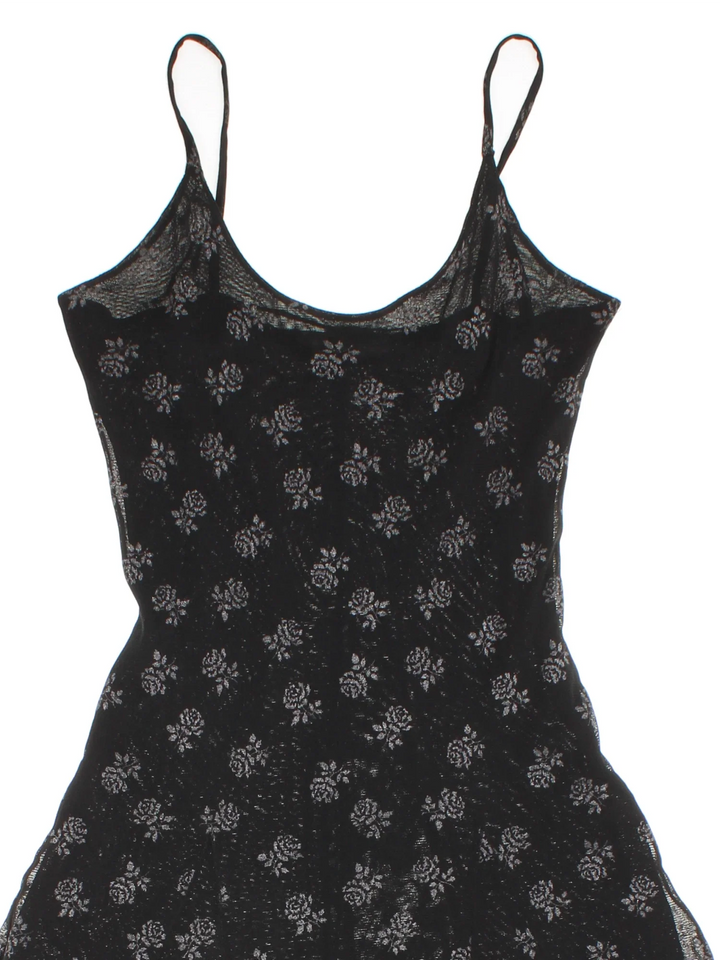 Vintage Y2K Floral Midi Dress in black colourway, with frill hemline and sheer glitter detail overlay.
