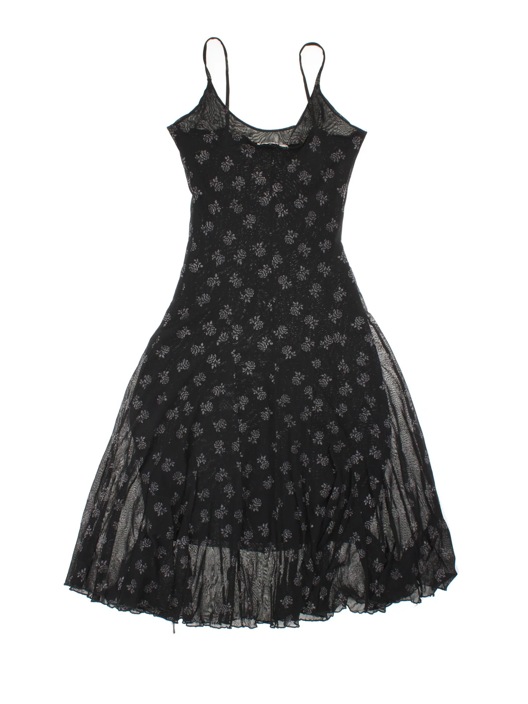 Vintage Y2K Floral Midi Dress in black colourway, with frill hemline and sheer glitter detail overlay.