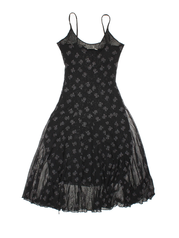 Vintage Y2K Floral Midi Dress in black colourway, with frill hemline and sheer glitter detail overlay.