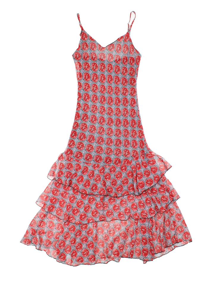 Vintage Y2K Floral Maxi Dress in red/grey colourway, with drop frill
 hemline and sheer printed overlay.