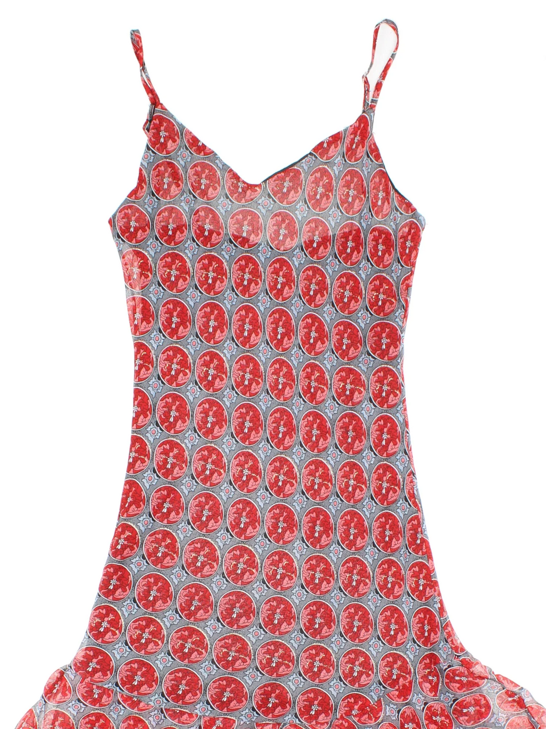 Vintage Y2K Floral Maxi Dress in red/grey colourway, with drop frill
 hemline and sheer printed overlay.