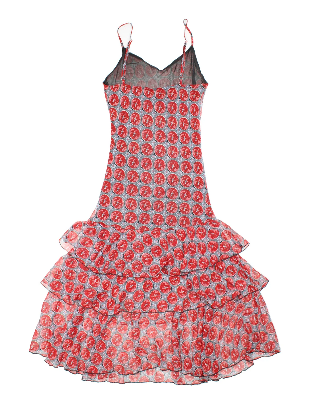 Vintage Y2K Floral Maxi Dress in red/grey colourway, with drop frill
 hemline and sheer printed overlay.