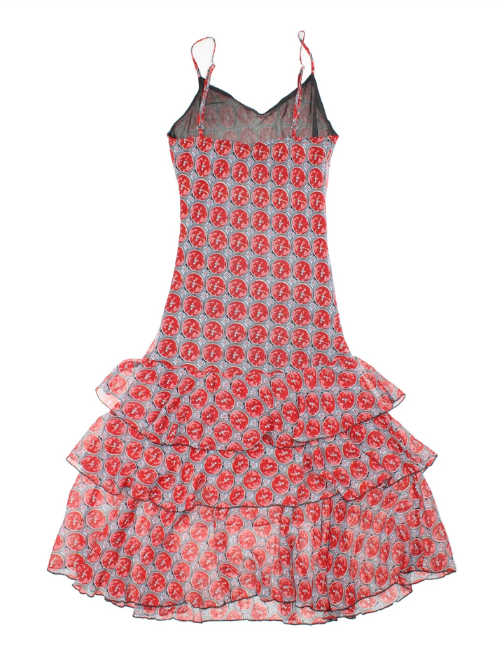 Vintage Y2K Floral Maxi Dress in red/grey colourway, with drop frill
 hemline and sheer printed overlay.