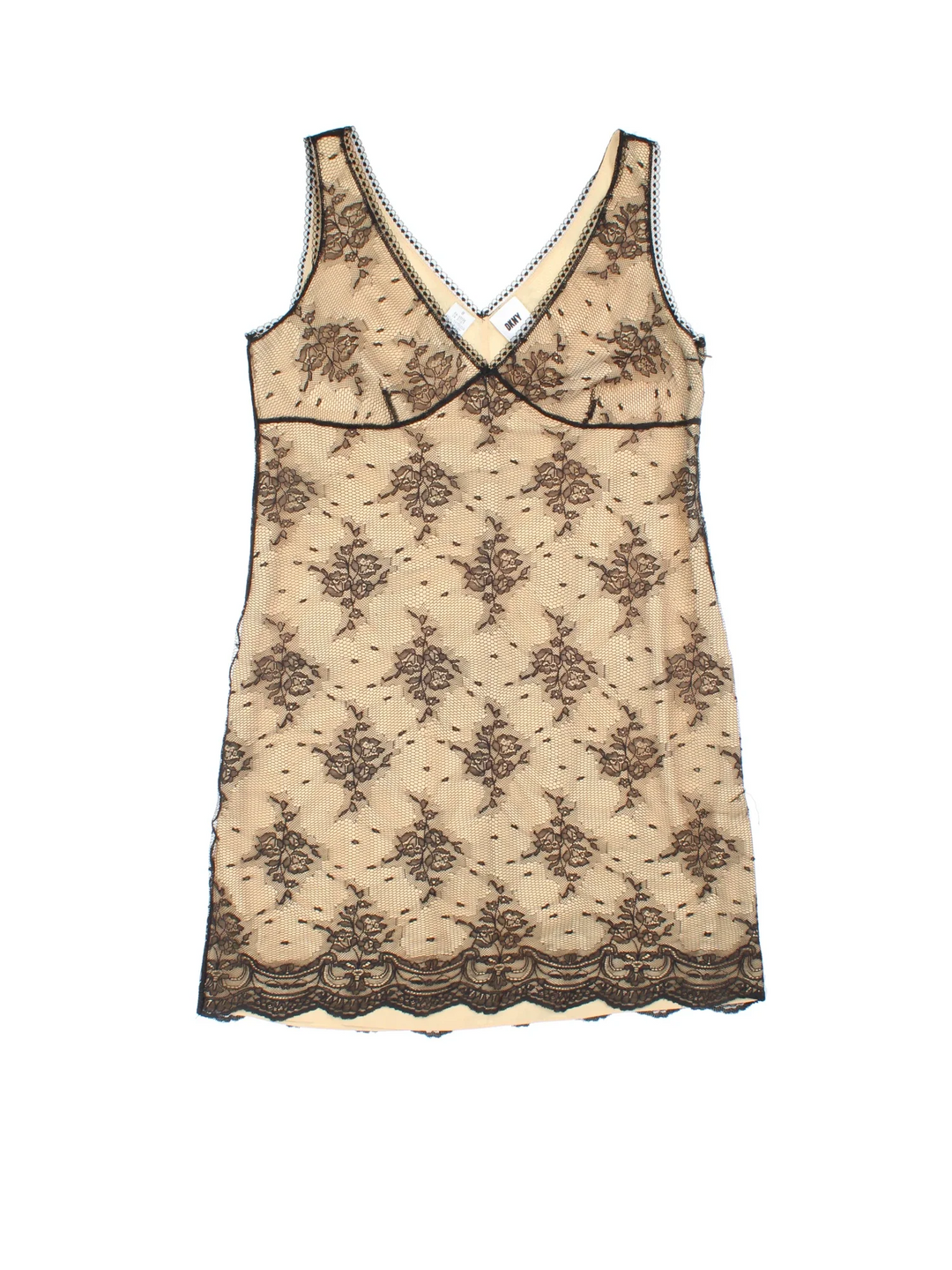 Vintage Y2K DKNY Lace Dress in black/cream colourway, with V neckline and sheer lace overlay.