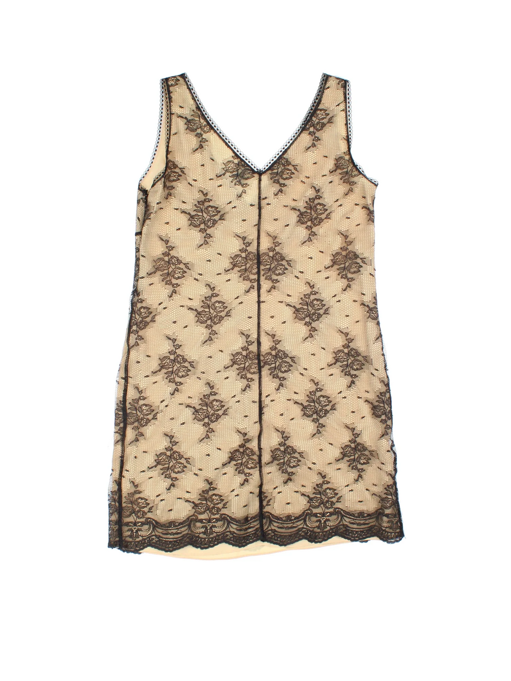 Vintage Y2K DKNY Lace Dress in black/cream colourway, with V neckline and sheer lace overlay.